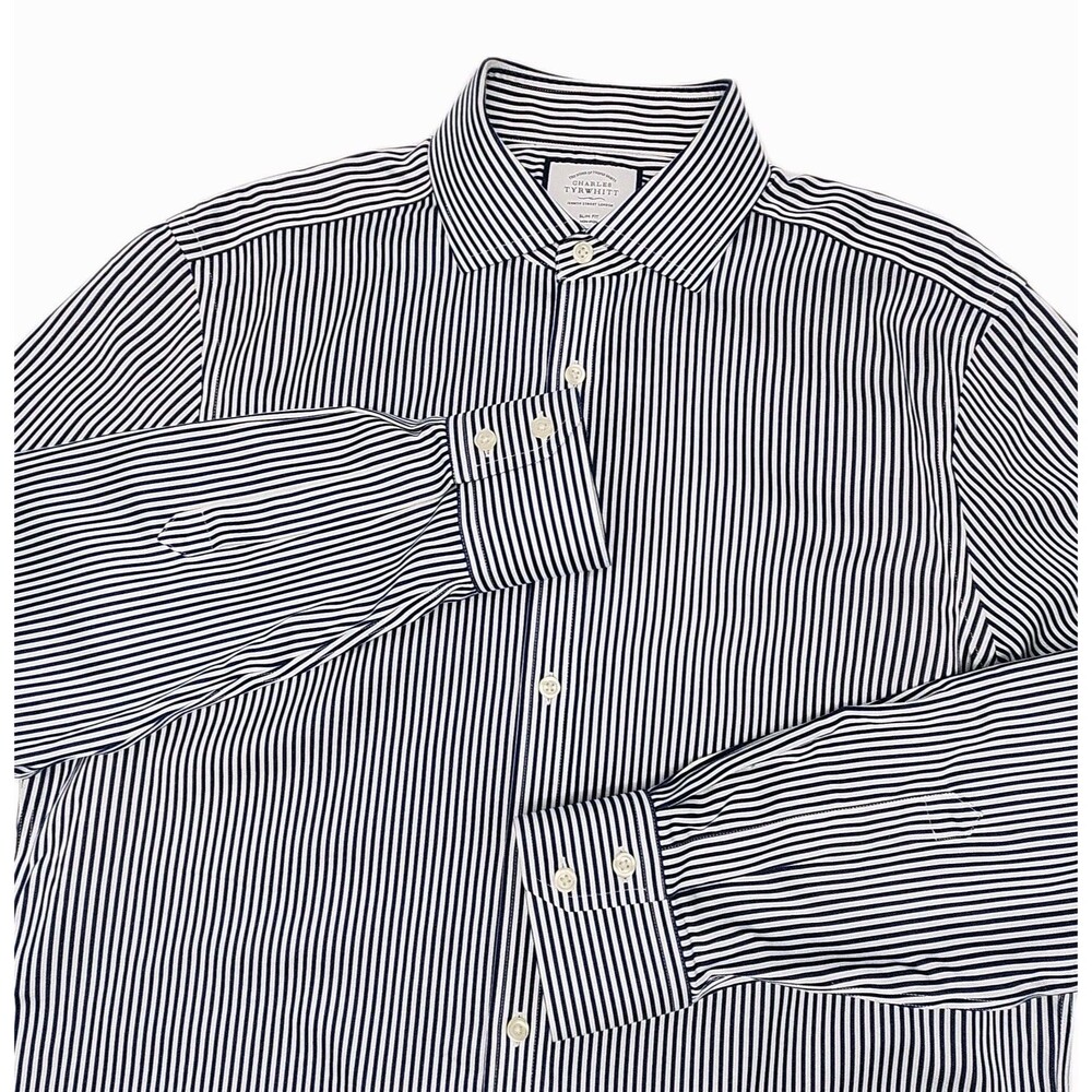 Charles Tyrwhitt Dress Shirt Slim Fit Non-Iron Men Sz 16.5 34 Blue White Stripe
